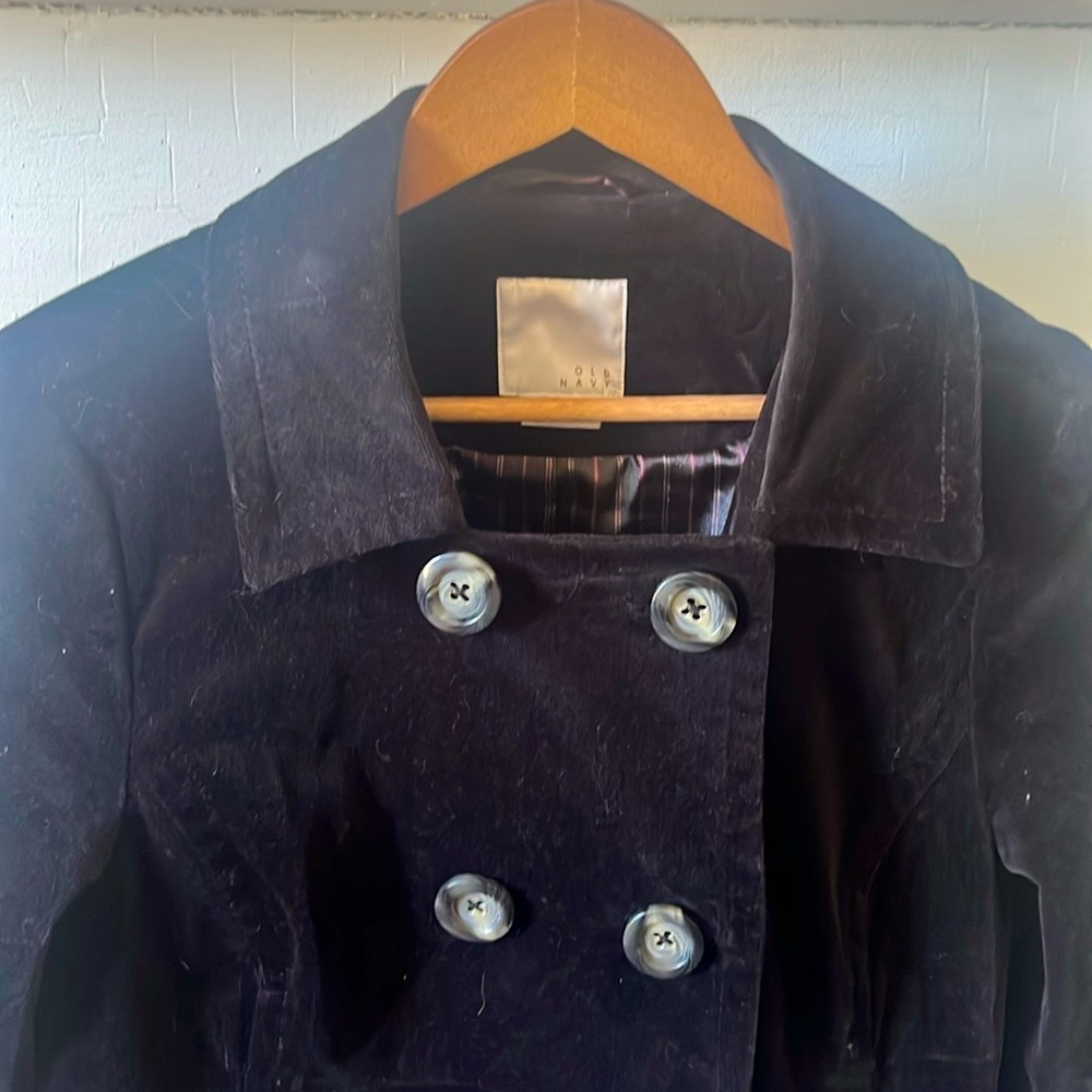 Vtg Old Navy Black Velvet Peacoat Double Breasted Jacket Size L Button Up